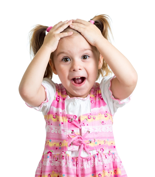 Amazed or surprised child girl hands holding head isolated